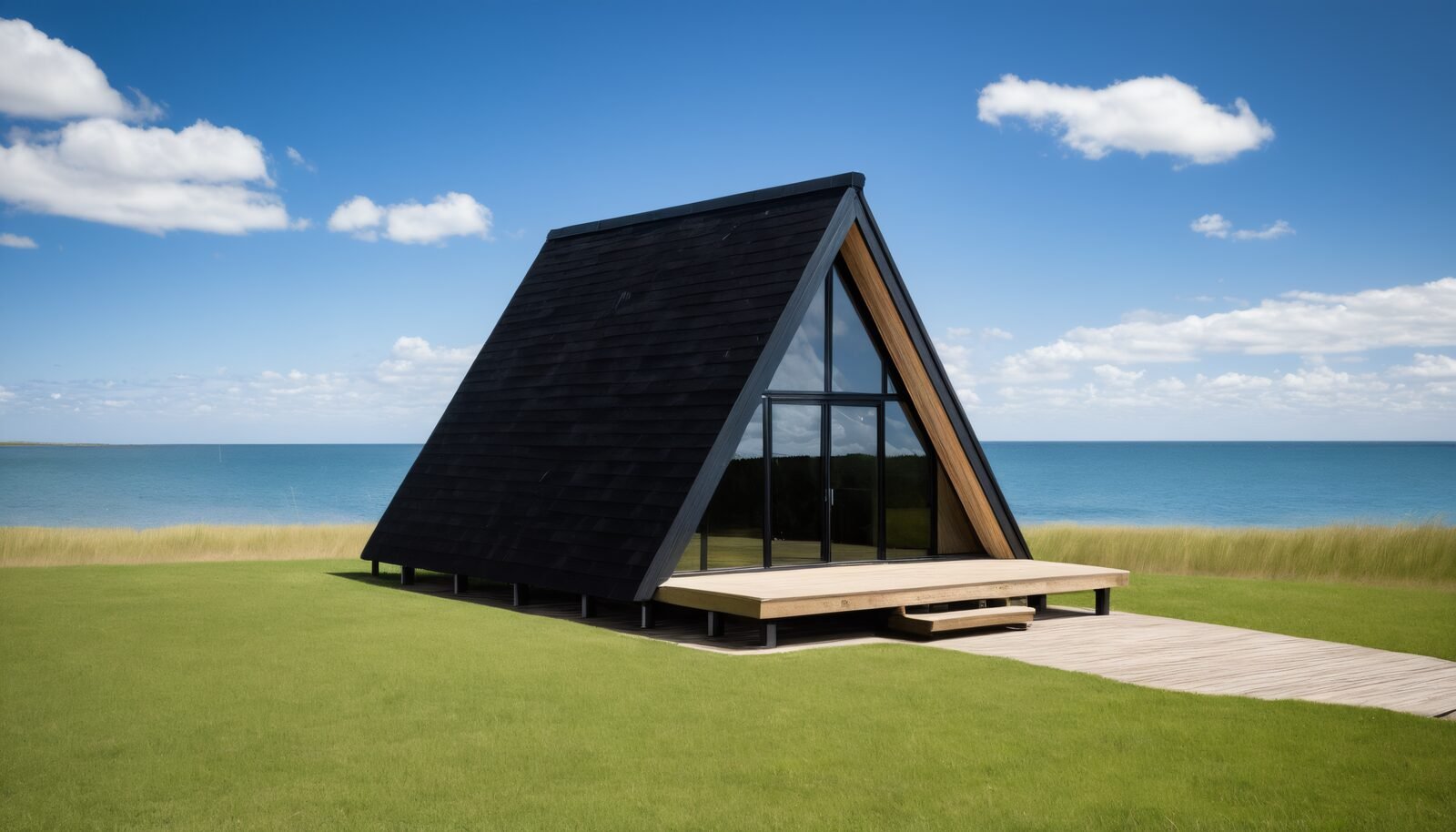Casa A de madera terminada, con techo negro, frente vidriado y deck, en un campo verde