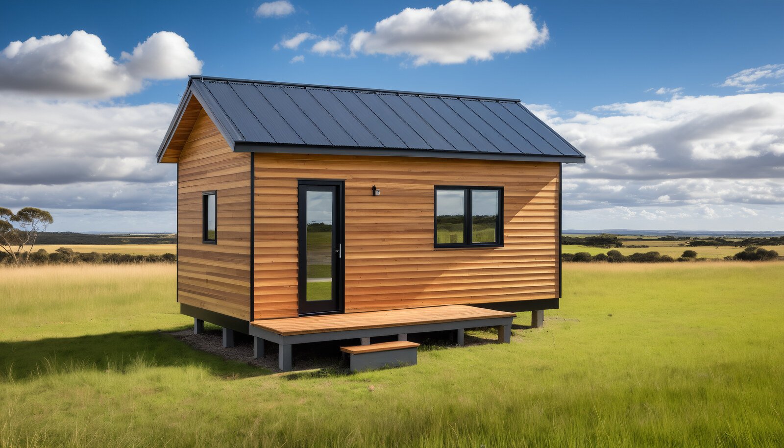 Modelo Clásico: tiny house de madera con techo a dos aguas y deck frontal